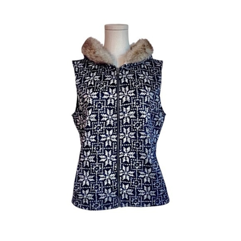 Talbots Sweater Vest Blue Nordic Fair
Isle Snowflake Faux Fur Hood Zip Size Lp